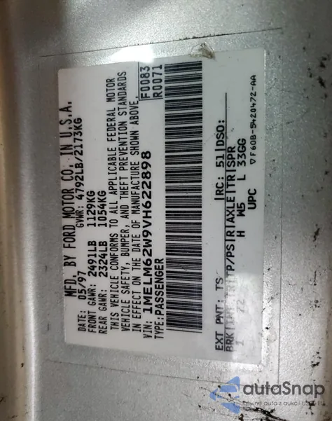 1997 Mercury Cougar Xr7 из США, поврежденный, VIN 1MELM62W9VH622898